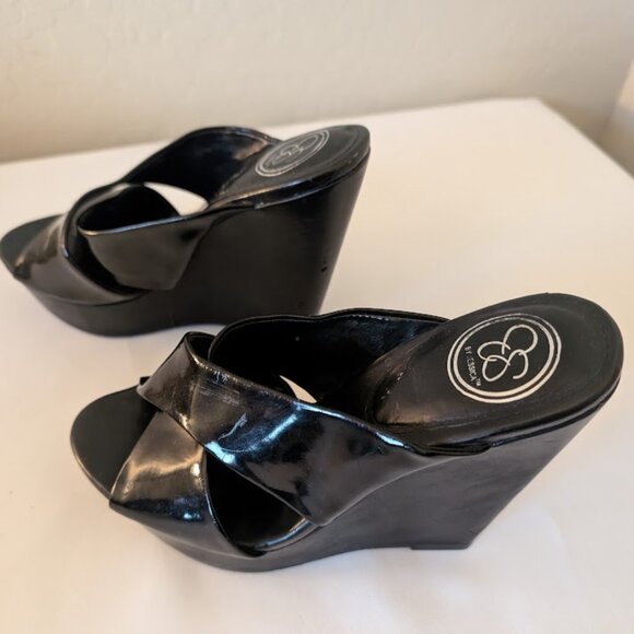 Jessica Simpson Black Patton Leather Platform Wedge Heels Size 7M - Picture 3 of 5